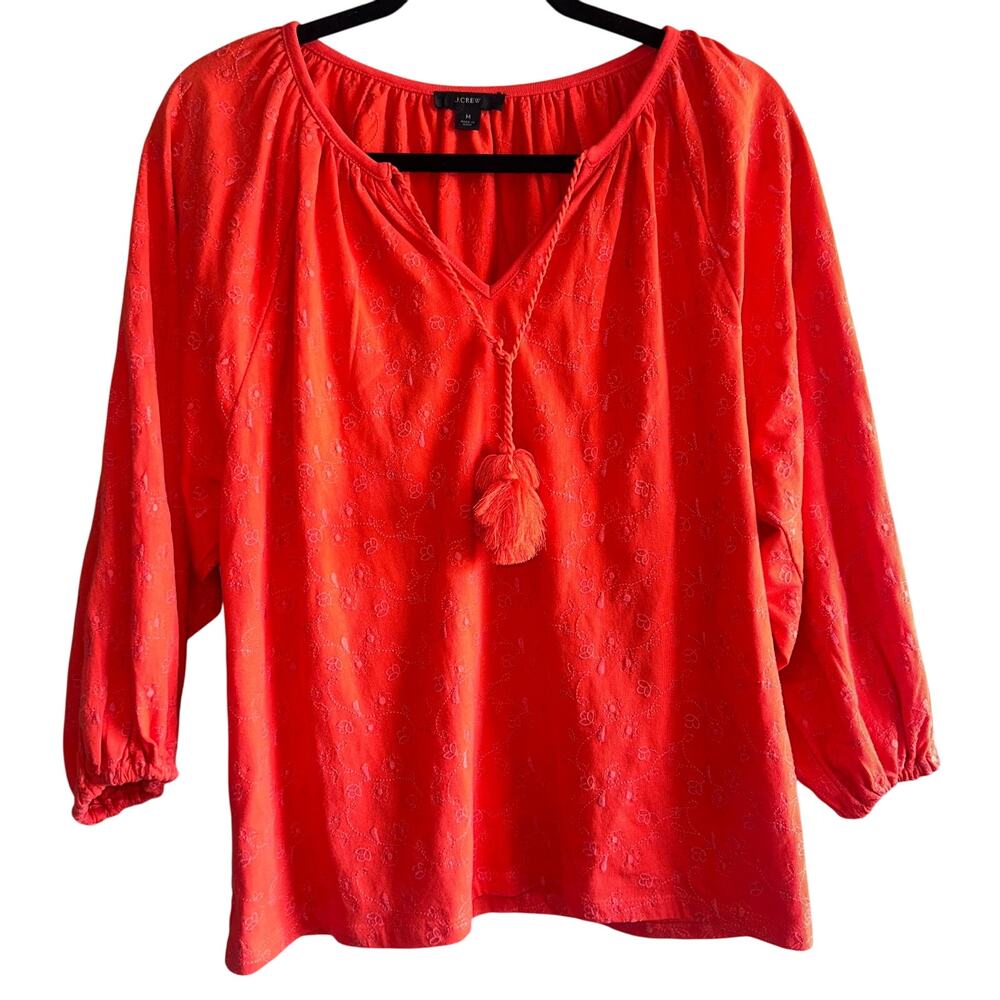J. Crew Red Floral Embroidered Blouse w/ Balloon Sleeve Tassle Decal Size Medium